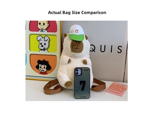 Detail showing plush capybara backpack with baseball cap and contrast brown straps