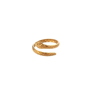 Adjustable golden snake ring in polished stainless steel with detailed scale texture