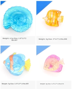 Detailed views of small acrylic shell and fish hair clips with size and weight info