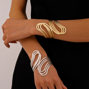 Wavy Multi-layer Open Cuff Bracelet Irregular Geometric Hollow Out Metal Matte Texture Exaggerated Fashion Jewelry For Women