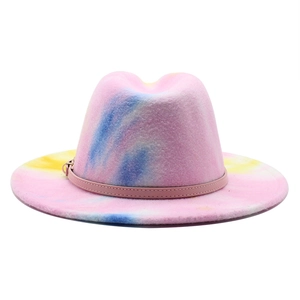 Rainbow tie-dye wool fedora hat with flat brim and pink leather band for men and women