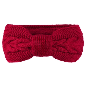 Close-up of red cable knit headband showing the detailed knot and woven texture