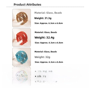 Detail specifications for multi-layer glass bead bracelets in gold, red and blue variants