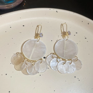 Detailed view of gold tassel earrings with iridescent mother of pearl shell charms