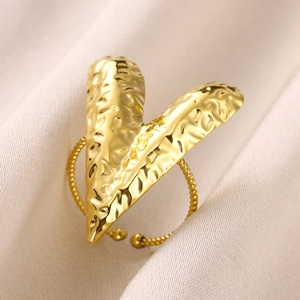 Adjustable golden open ring featuring a large hammered V-shape heart and twisted wire band