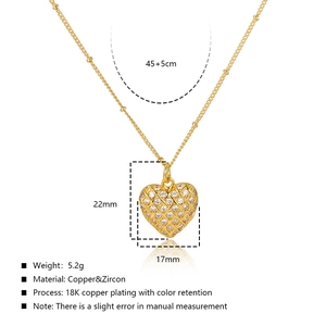 Detail view of 18K gold plated heart pendant necklace with size dimensions and 45cm chain