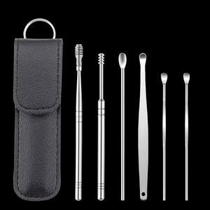 Kit di 6 strumenti per la pulizia delle orecchie in acciaio inox con custodia in pelle