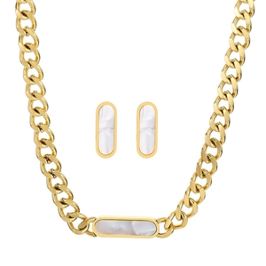 18K gold plated stainless steel Cuban chain necklace and shell inlay earring set