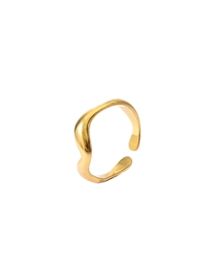 Detailed view of 18k gold plated wave ring with adjustable open design and polished finish