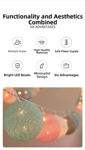 Detail of macaron color cotton ball LED lights with soft glow for cozy room decor
