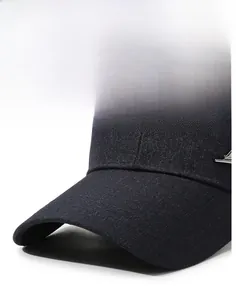Close-up of a navy blue baseball cap showing the sturdy brim and textured fabric