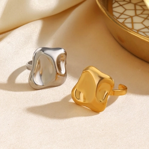 Irregular lava style geometric open rings in polished gold and silver finishes