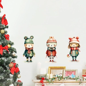 Watercolor Christmas wall stickers featuring cute cartoon animals in winter outfits