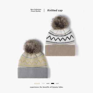Women Winter Colorblock Striped Knit Beanie Hat With Faux Fur Pom-pom Fleece Lined Warm Outdoor Fashion Slouchy Cap