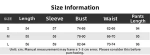 Size chart for slim fit two piece lounge set with detailed measurements in cm from S to L
