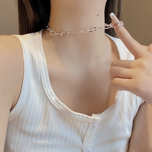 925 sterling silver geometric hollow oval link chain necklace worn by a female model
