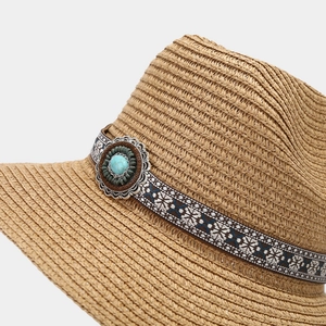 Retro woven straw cowboy hat with ethnic geometric band and turquoise accent detail