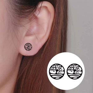 Minimalist black stainless steel earrings featuring an intricate hollow tree of life design