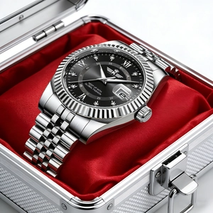 Close-up of black dial men's steel watch with calendar and diamonds in a silver gift box