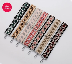 Close-up of ethnic geometric pattern shoulder straps with silver metal swivel hooks