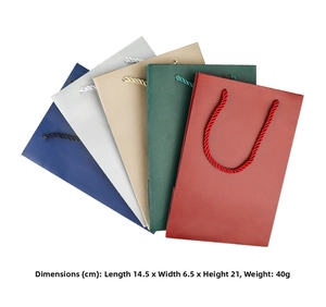 Detailed view of colorful luxury paper gift bags with twisted rope handles and dimensions