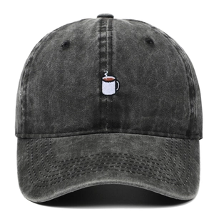Berretto da baseball unisex in cotone nero lavato con ricamo di tazza da caffè