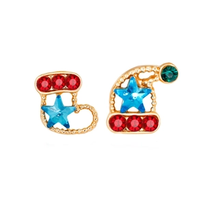 Detailed close-up of Christmas stud earrings with colorful crystals and gold finish