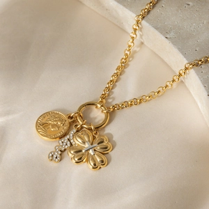 18K gold plated stainless steel necklace with clover coin and zircon bar pendants