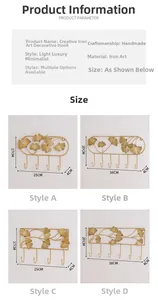 Size chart for gold ginkgo leaf iron wall hooks showing dimensions for four different styles