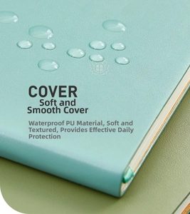 Macro shot of waterproof light blue PU leather notebook cover with fine texture and water drops