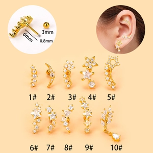 Set of 10 gold stainless steel star and moon cartilage earrings with cubic zirconia studs