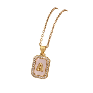 Elegant 18K gold plated shell alphabet A square pendant necklace with crystals