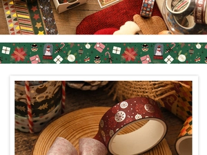 Detail of Christmas washi tape with gold foil patterns and festive holiday colors