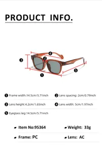Detailed size chart for square sunglasses showing frame width, lens height and PC material