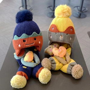 Cute 3D Cartoon Animal Kids Knitted Hat And Scarf Set Winter Warm Pompom Thickened Ear Protection Baby Beanie Two-Piece Set