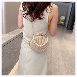 Golden woven shell crossbody bag with pearl handle and metal chain shown on model