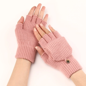 Close-up of pink knitted flip top gloves with striped cuffs and functional button detail