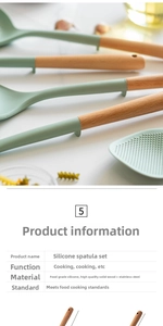Detail of light green food-grade silicone spatula with ergonomic natural wood handle