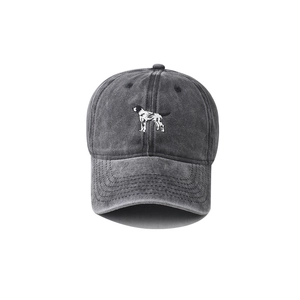 Distressed charcoal cotton baseball cap featuring white dog embroidery and vintage wash