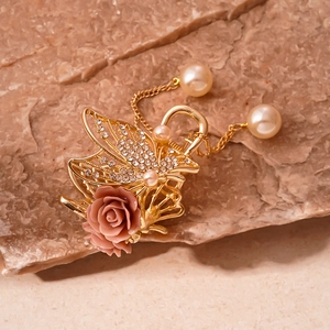 Elegant gold flower hair claw clip with pink rose, rhinestone butterfly and pearl tassels