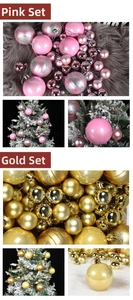 Dettagli di palline di Natale rosa e oro con texture opache, lucide e con glitter brillanti