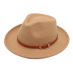 Classic camel wide-brim fedora hat with brown leather band and gold buckle detail