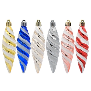 Set of 6 colorful spiral icicle Christmas tree ornaments with glitter and glossy finish