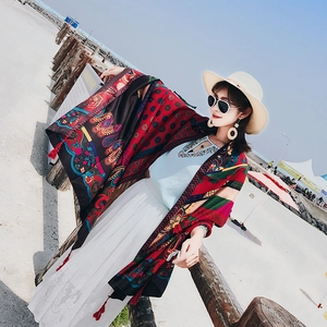 Bohemian paisley summer beach shawl wrap with vibrant red and blue floral patterns