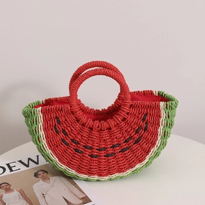 Fresh watermelon-shaped straw handbag with red and green woven texture for beach vacation