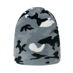 Winter knitted beanie featuring classic camouflage patterns in grey, black and white tones