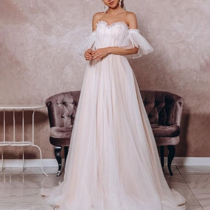 Polka Dot Tulle Wedding Dress Off Shoulder Ruffle Sleeves Floor Length Bridal Gown Elegant Vintage Romantic Style Women
