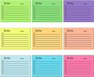 Macro shot of 9 colorful fluorescent to-do list sticky notes in 3x3 grid layout