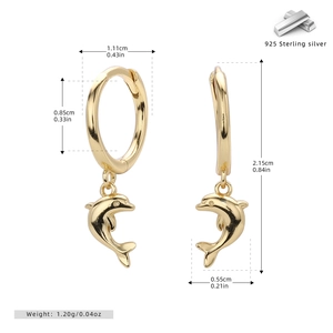 Detailed dimensions of gold dolphin hoop earrings in 925 sterling silver with measurements