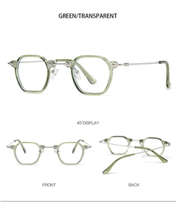Three views of small frame polygon glasses with green transparent rims and silver metal temples